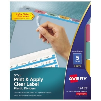 Avery Print &amp; Apply Clear Label Translucent Plastic Dividers, 5 Multicolor Tabs, 5 ST/PK