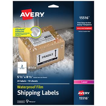 Avery Laser Waterproof Film Shipping Labels, 5-1/2&quot; x 8-1/2&quot;, White, 20/Pack