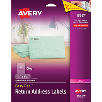 Avery&#174; Easy Peel&#174; Return Address Labels, Permanent Adhesive, Clear, 1/2&quot; x 1 3/4&quot;, 800/PK