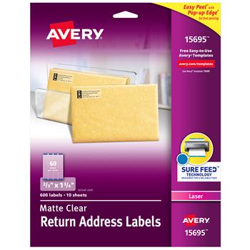 Avery Laser Return Address Labels, Matte, 0.33&quot; x 1.75&quot;, Clear, 600 Labels