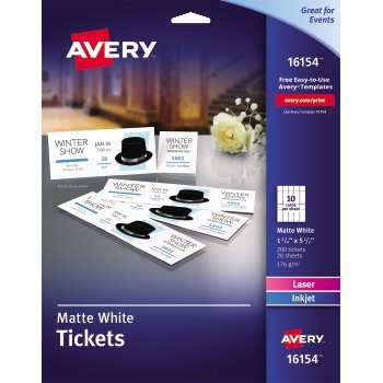 Avery Tickets with Tear-Away Stubs, Matte, Two-Sided Printing,1 3/4&quot; x 5 1/2&quot;, 200/PK