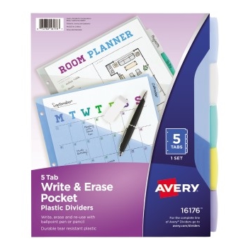 Avery Write &amp; Erase Durable Plastic Dividers with Pockets, 5-Tab Set, Multicolor