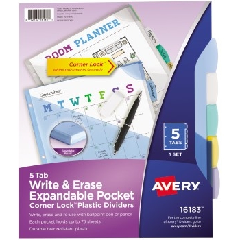 Avery Write &amp; Erase Plastic Dividers with Expandable Pockets &amp; Corner Lock&#174;, 5-Tab Set, Multicolor