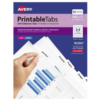 Avery Printable Tabs, Plastic Self-Adhesive, Repositionable, 1 1/4&quot; White, 96/PK