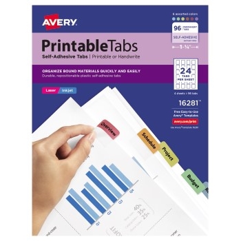 Avery Printable Tabs, Plastic, Self-Adhesive, Repositionable, 1 1/4&quot; Assorted Colors, 96/PK