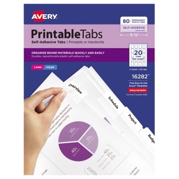 Avery&#174; Printable Tabs, Plastic, Self-Adhesive, Repositionable, 1 3/4&quot; White, 80/PK