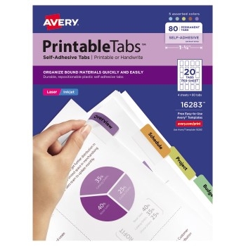 Avery Printable Tabs, Plastic, Self-Adhesive, Repositionable, 1 3/4&quot; Assorted Colors, 80/PK