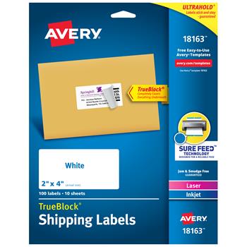 Avery TrueBlock Laser Inkjet Shipping Labels, 2&quot; x 4&quot;, White, 100/Pack