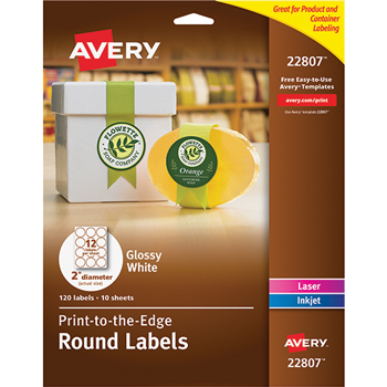 Avery Easy Peel&#174; Labels, True Print&#174;, Print to the Edge, Permanent Adhesive, Glossy, 2&quot; Round, 120/PK