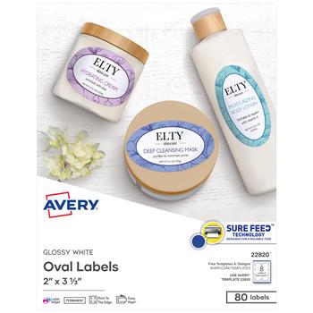 Avery Printable Blank Oval Labels, 2 in x 3 1/3 in, Glossy White, 80/pack