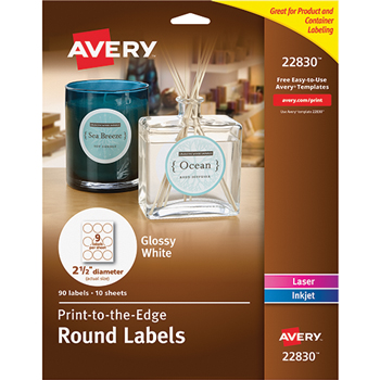 Avery Round Labels, Print to the Edge, True Print&#174; Permanent Adhesive, Glossy, 2 1/2&quot;, 90/PK