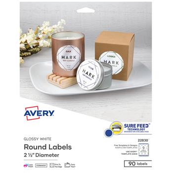 Avery Printable Round Labels with Sure Feed, 2.5 in Diameter, Glossy White, 90/Pack