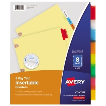 Avery Big Tab™ Insertable Dividers, Buff Paper, Reinforced Holes, 8-Tab Set, Multicolor