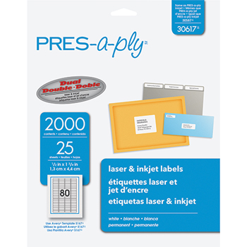PRES-a-ply&#174; White Labels, 1/2&quot; x 1 3/4&quot;, Permanent-Adhesive, 80-up, 2000/PK