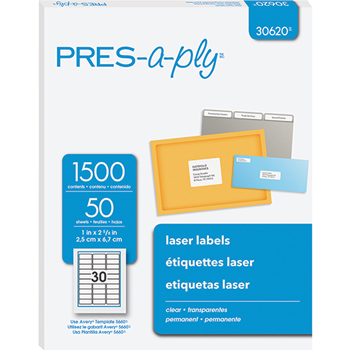PRES-a-ply&#174; Clear Labels, 1&quot; x 2 5/8&quot;, Permanent-Adhesive, 30-up, 1500/BX