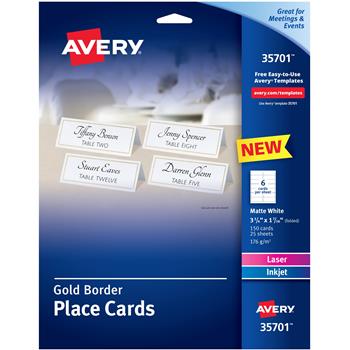 Avery Place Cards, 97 Bright, 65 lb, 1.44&quot; x 3.75&quot;, White with Gold Boarder, 150 Cards/Pack