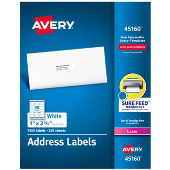 Avery Laser Address Labels, 1&quot; x 2.63&quot;, White, 7500 Labels