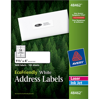 Avery EcoFriendly Address Labels, Permanent Adhesive, 1 1/3&quot; x 4&quot;, 1400/BX