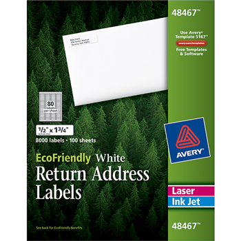 Avery EcoFriendly Return Address Labels, Permanent Adhesive, 1/2&quot; x 1 3/4&quot;, 8,000/BX