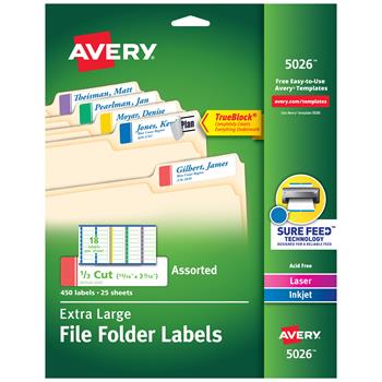 Avery TrueBlock Extra Large File Folder Labels, Printable, 15/16 in x 3-7/16 in, Assorted Colors, 450/Pack