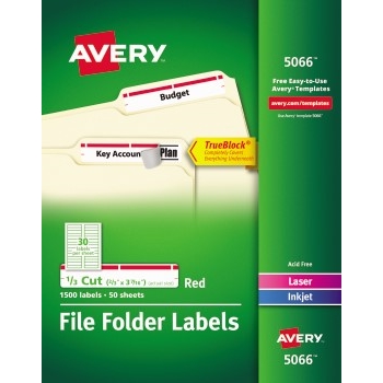 Avery File Folder Labels, TrueBlock&#174; Technology, Permanent Adhesive, Red, 2/3&quot; x 3 7/16&quot;, 1500/BX