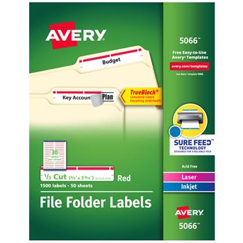 Avery TrueBlock File Folder Labels, Printable, 2/3 in x 3-7/16 in, White and Red, 1,500/Pack