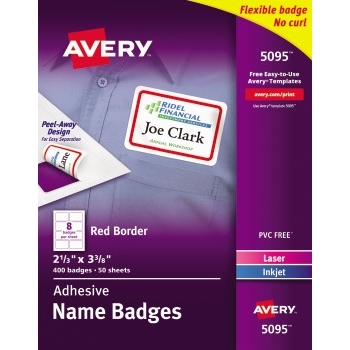 Avery Adhesive Name Badges, Red Border, 2 1/3&quot;&quot; x 3 3/8&quot;&quot;,  400/BX