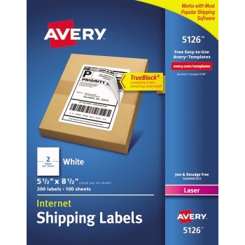 Avery Internet Shipping Labels, TrueBlock&#174; Technology, Permanent Adhesive, 5 1/2&quot; x 8 1/2&quot;, 200/BX