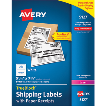 Avery Shipping Labels w/ Paper Receipts, TrueBlock&#174; Technology, Permanent Adhesive, 5 1/16&quot; x 7 5/8&quot;, 50/PK