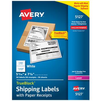 Avery Laser Shipping Labels with Paper Receipts, 5-1/16&quot; x 7-5/8&quot;, White, 50/Box