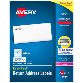 Avery Laser Easy Peel Return Address Labels, .33&quot; x 1.75&quot;, White, 6000 Labels
