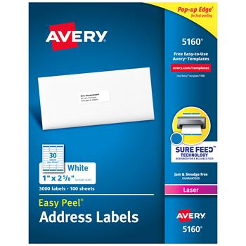 Avery Laser Easy Peel Address Labels, 1&quot; x 2.63&quot;, White, 3000 Labels
