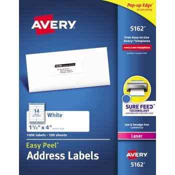 Avery Easy Peel&#174; Address Labels, Sure Feed™ Technology, Permanent Adhesive, 1 1/3&quot; x 4&quot;, 1400/BX