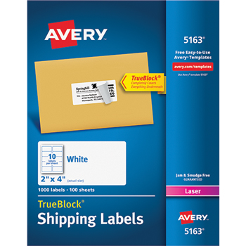Avery Shipping Labels, Laser, TrueBlock&#174; Technology, Permanent Adhesive,  2&quot; x 4&quot;, 1000/BX