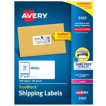 Avery TrueBlock Laser Shipping Labels, 2&quot; x 4&quot;, White, 1,000/Box