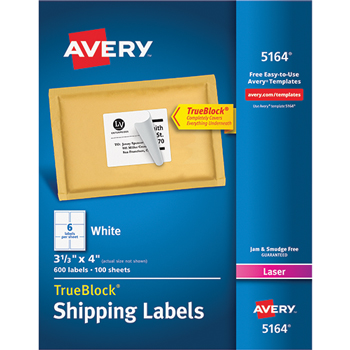 Avery Shipping Labels, Laser, TrueBlock&#174; Technology, Permanent Adhesive, 3 1/3&quot; x 4&quot;, 600/BX