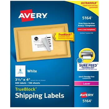 Avery TrueBlock Laser Shipping Labels, 3-1/3&quot; x 4&quot;, White, 600/Box