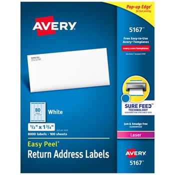 Avery Laser Easy Peel Return Address Labels, 0.5&quot; x 1.75&quot;, White, 8000 Labels