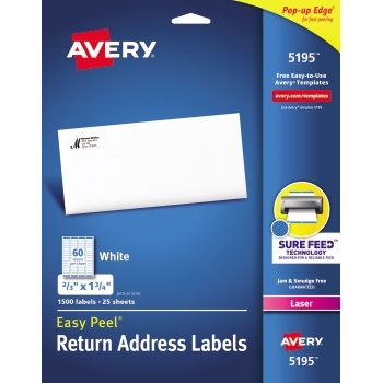 Avery Easy Peel&#174; Return Address Labels, Sure Feed™ Technology, Permanent Adhesive, 2/3&quot; x 1 3/4&quot;, 1500/PK