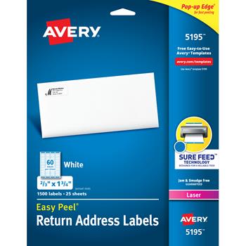 Avery Laser Easy Peel Return Address Labels, 0.33&quot; x 1.75&quot;, White, 1500 Labels