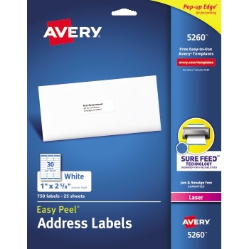 Avery&#174; Easy Peel&#174; Address Labels, Laser, Sure Feed™ Technology, Permanent Adhesive, 1&quot; x 2 5/8&quot;, 750/PK
