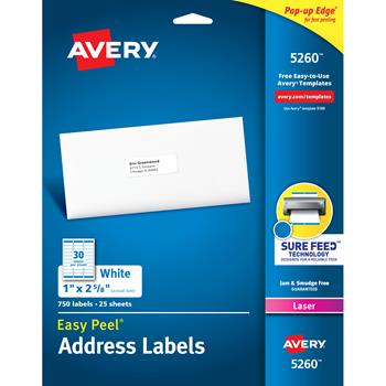 Avery Laser Easy Peel Address Labels, 1&quot; x 2.63&quot;, White, 750 Labels