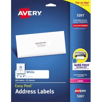 Avery Easy Peel&#174; Address Labels, Laser, Sure Feed™ Technology, Permanent Adhesive, 1&quot; x 4&quot;, 500/PK