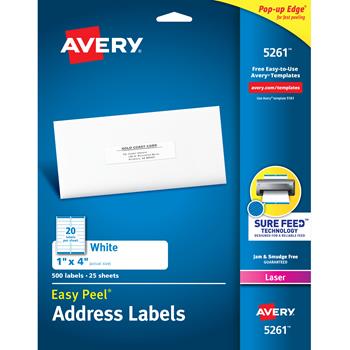 Avery Laser Easy Peel Address Labels, 1&quot; x 4&quot;, White, 500 Labels