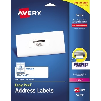 Avery Easy Peel&#174; Laser Address Labels, Sure Feed™ Technology, Permanent Adhesive, 1 1/3&quot; x 4&quot;, 350/PK