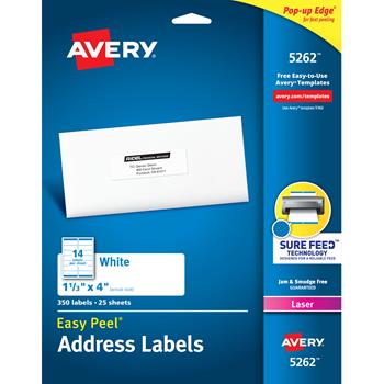 Avery Laser Easy Peel Address Labels, 1.33&quot; x 4&quot;, White, 350 Labels