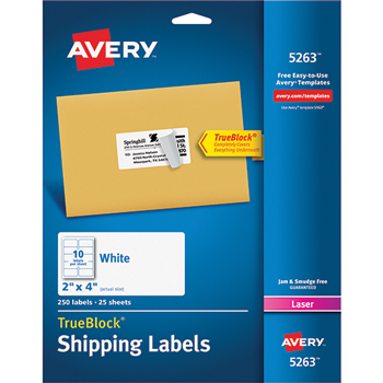 Avery Shipping Labels, Laser, TrueBlock&#174; Technology, Permanent Adhesive, 2&quot; x 4&quot;, 250/PK