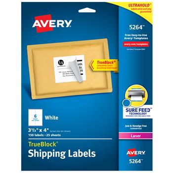 Avery TrueBlock Laser Shipping Labels, 3-1/3&quot; x 4&quot;, White, 150/Pack