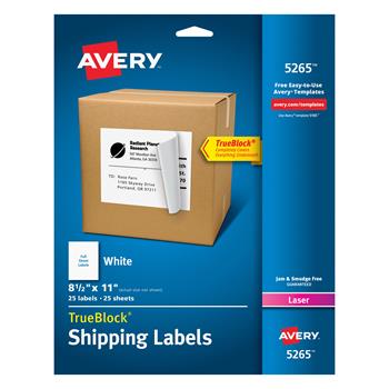 Avery TrueBlock Laser Shipping Labels, 8-1/2&quot; x 11&quot;, White, 25/Pack
