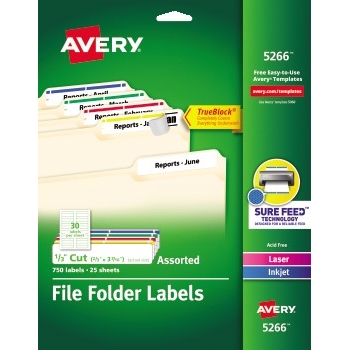 Avery File Folder Labels, TrueBlock&#174; Technology, Permanent Adhesive, Assorted Colors, 2/3&quot; x 3 7/16&quot;, 750/PK